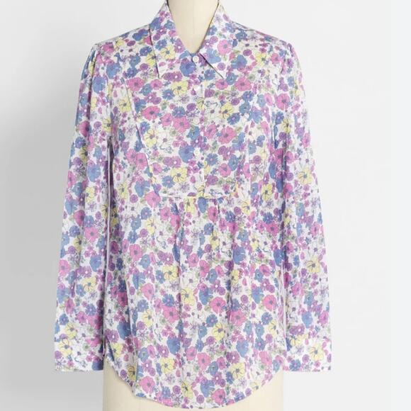 NEW Modcloth Button Down Top Floral Patch Long Sleeve White Purple S - Picture 1 of 9